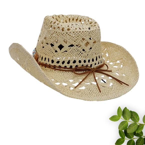 Boho CreamTribal Band Tycoon Crown Crochet Hollow Straw Cowboy Hat Festival - Picture 3 of 12